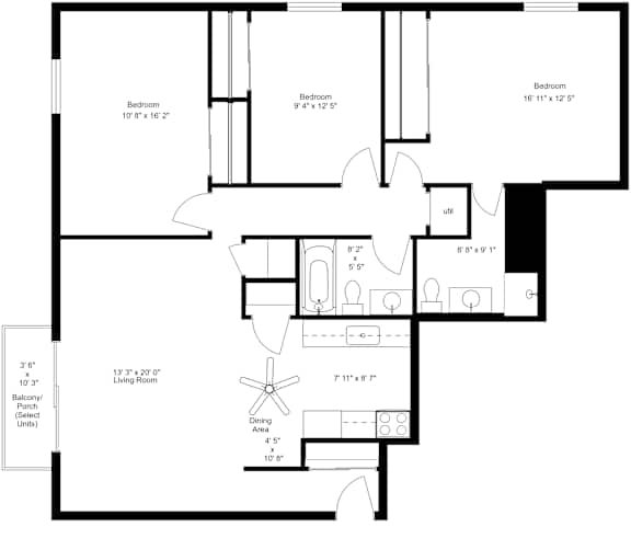 3 bed 2 bathroom 2D floorplan with balcony at Kimberly Club Apartments, Davenport, Iowa
