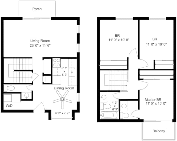A floor plan of a house with a living room, dining room, and balcony.