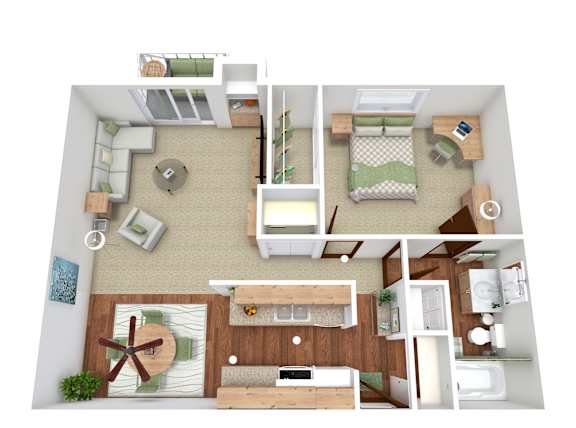 A top-down view of a small apartment with a living room, kitchen, and bedroom.
