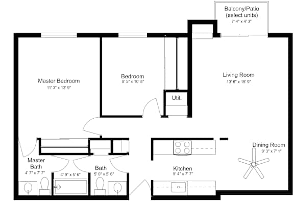 A floor plan of a house with a master bedroom, two bathrooms, a living room, a dining room, a kitchen, and a balcony/patio.