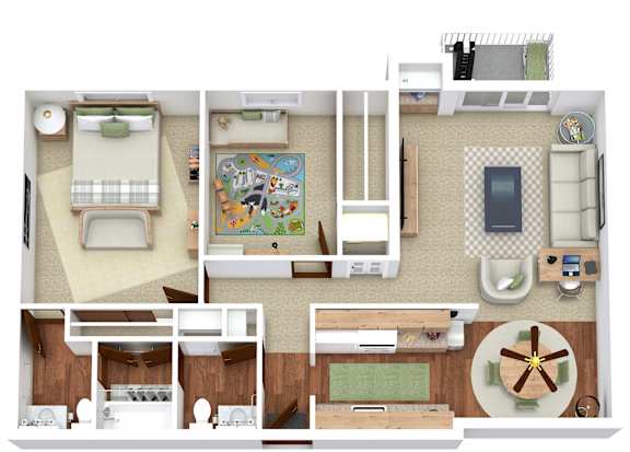 A top-down view of a small apartment with a bedroom, living room, kitchen, and bathroom.