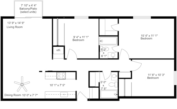 A floor plan of a house with a living room, dining room, and three bedrooms.