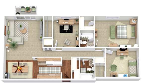 A top-down view of a house layout with a kitchen, living room, dining area, and bedrooms.
