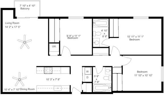 A black and white image of a floor plan for a home with a living room, dining room, and two bedrooms.