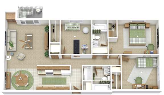 A top-down view of a house layout with a kitchen, living room, and bedrooms.