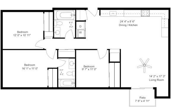 A floor plan of a house with a dining/kitchen area, three bedrooms, a living room, and a patio.