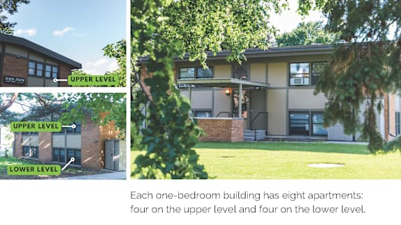 Three one-bedroom buildings with four apartments on the upper level and four apartments on the lower level.