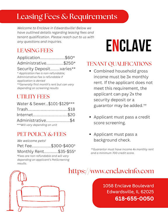 A red and white flyer detailing leasing fees and tenant qualifications for Enclave in Edwardsville.