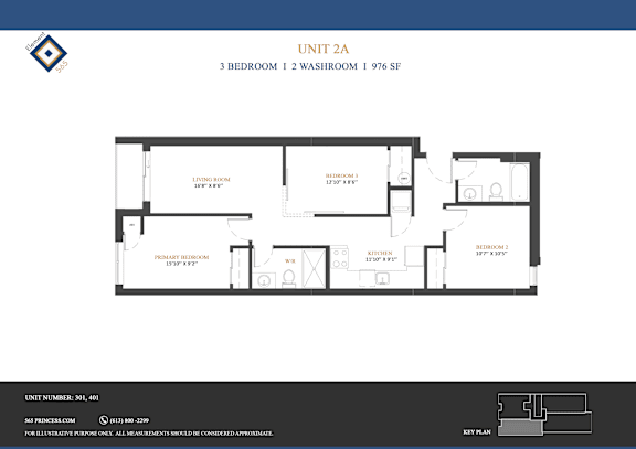 Floor plan of a 3 bedroom, 1 washroom unit.