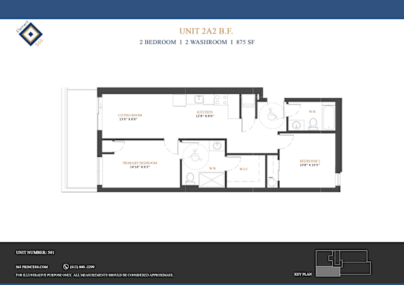 A floor plan for a 2 bedroom, 1 washroom apartment sized at 875 square feet.