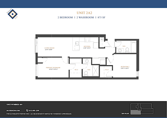 A floor plan for Unit 2A2 shows a 2 bedroom, 1 washroom apartment sized 875 square feet.