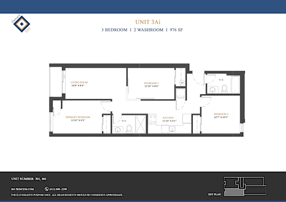 A floor plan of a 3 bedroom, 1 2 washroom unit with a total area of 976 Sq Ft.