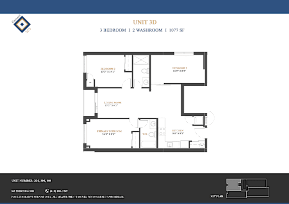 A floor plan for Unit 3D shows a 3 bedroom, 1 2 washroom apartment sized at 1077 square feet.