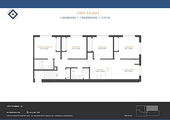 A floor plan for Unit 4A shows a 4 bedroom, 1 2 washroom apartment sized at 1226 square feet.