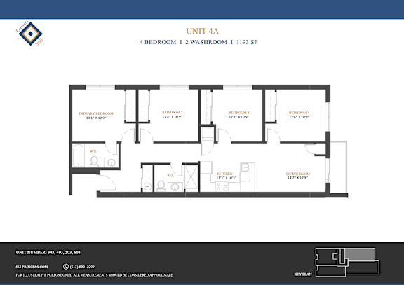A floor plan for Unit 4A shows a 4 bedroom, 1 washroom apartment.