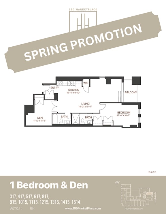 1 Bed 1 Bath Floor Plan at 150 Marketplace, Ontario