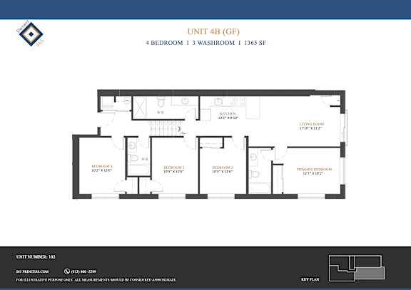 A floor plan of a 4 bedroom, 1365 square foot apartment.