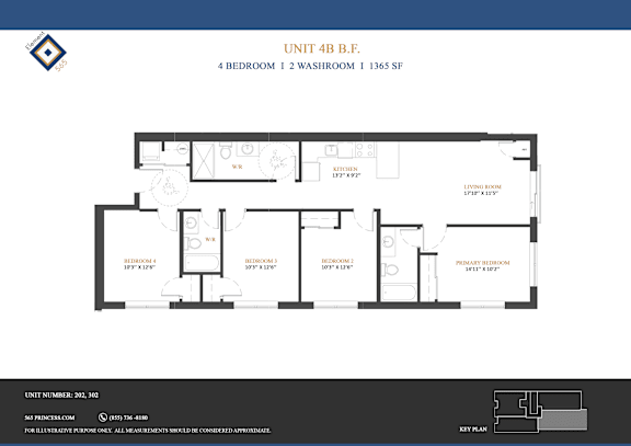 A floor plan for Unit 4B.F. shows a 4 bedroom, 1 2 washroom apartment sized at 1365 SqFt.