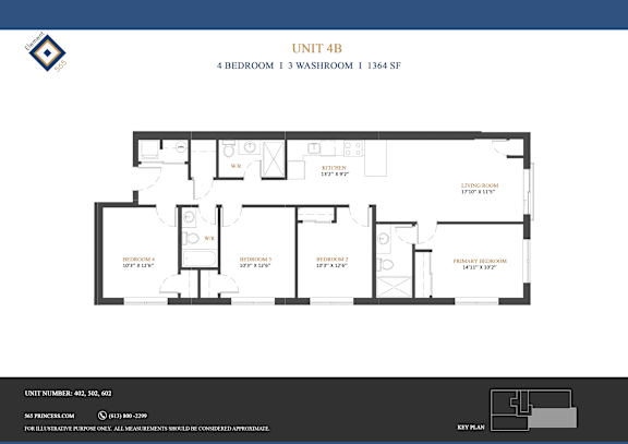 A floor plan for Unit 4B shows a 4 bedroom, 1 3 washroom unit with a total area of 1364 square feet.