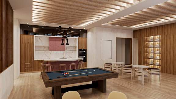 a spacious game room with a pool table and a bar at The Woods at 180 Kanata Avenue, Ontario