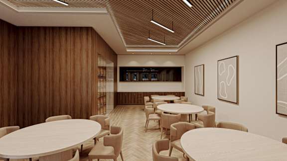 a rendering of a dining room with tables and chairs at The Woods at 180 Kanata Avenue, Kanata