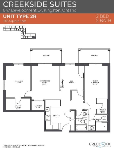 A floor plan for a 2 bedroom, 2 bathroom suite at Creekside Suites.