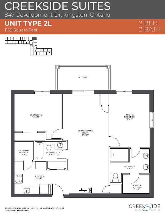 A floor plan for a 2 bedroom, 2 bathroom suite at Creekside Suites.