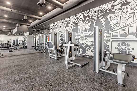 A gym with a wall of drawings and a row of exercise machines.