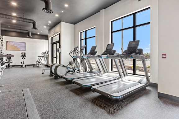 A gym with treadmills and other exercise equipment.