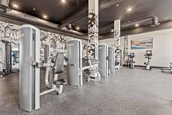 A gym with a row of treadmills and other exercise equipment.