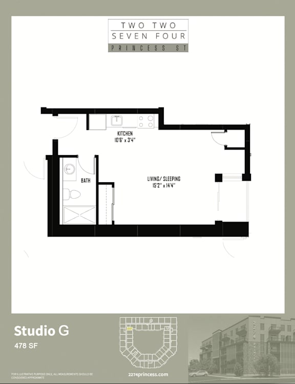 A floor plan for a studio apartment with a kitchen, bath, and sleeping area.