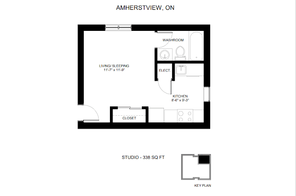 A floor plan of a studio apartment with a living room, kitchen, closet, and bathroom.