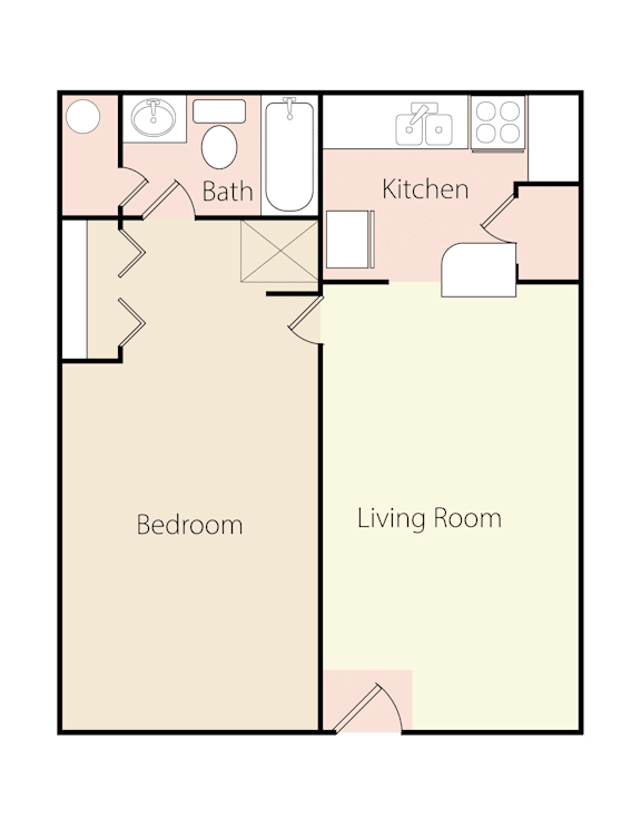 A floor plan of a room with a bedroom, living room, and kitchen.