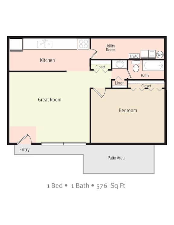 A floor plan of a small apartment with one bedroom, one bathroom, and a kitchen.