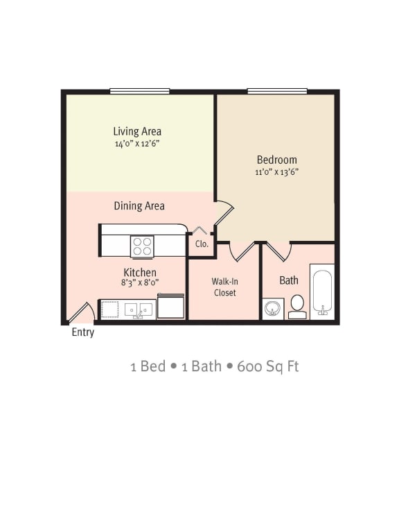1 Bedroom 1 Bath 2D Floorplan at Lago Bello Apartment