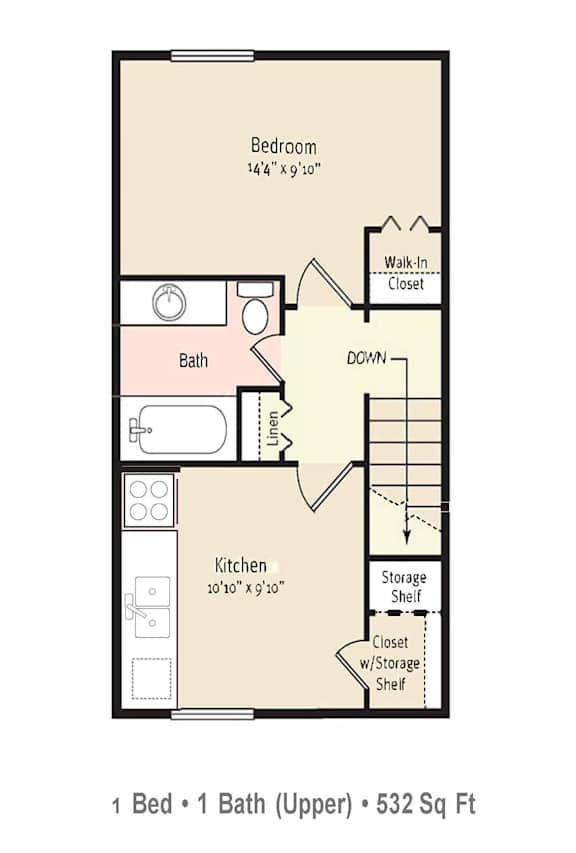A floor plan of a one bedroom apartment with an upper bath.