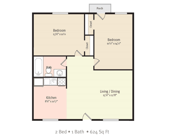 2 Bedroom 1 Bath 2D Floorplan at North Washington Apartments