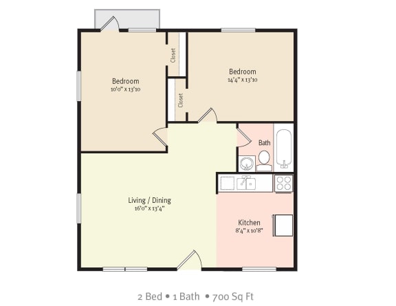 2D Floorplan of 1 Bedroom 1 Bath apartment at North Washington Apartments