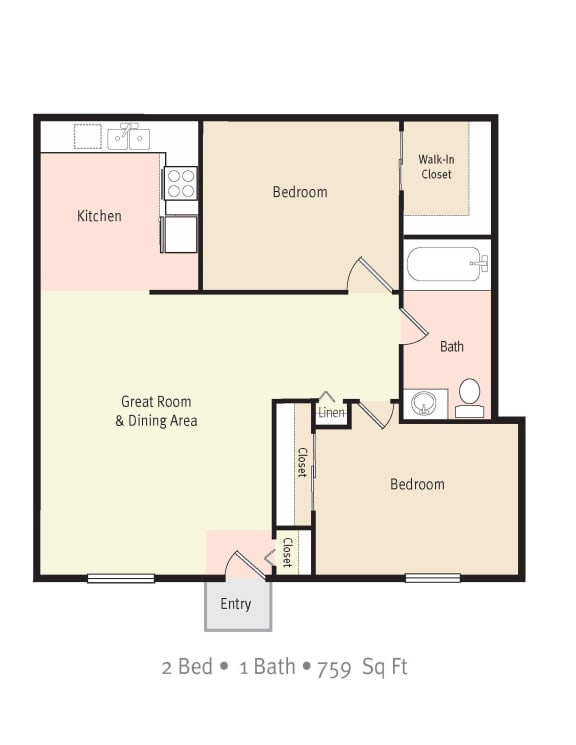 2 Bedroom 1 Bath 2D Floorplan at Tanglewood Apartment Homes