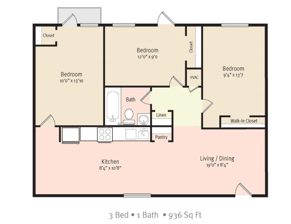 3 Bedroom 1 Bath 2D Floorplan, 936 sq ft, at North Washington Apartments