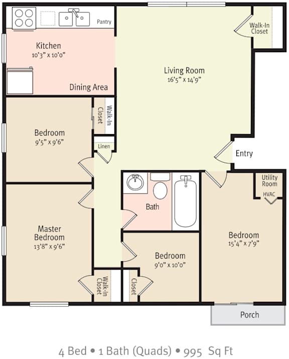 A floor plan of a house with four bedrooms and one bathroom.