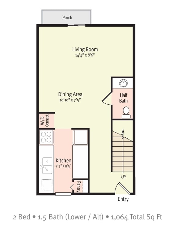 image of floor plan for 2 bedroom 1 and a half bath apartment