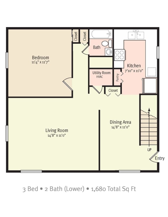 image of floor plan for lower floor of 3 bed two bath apartment