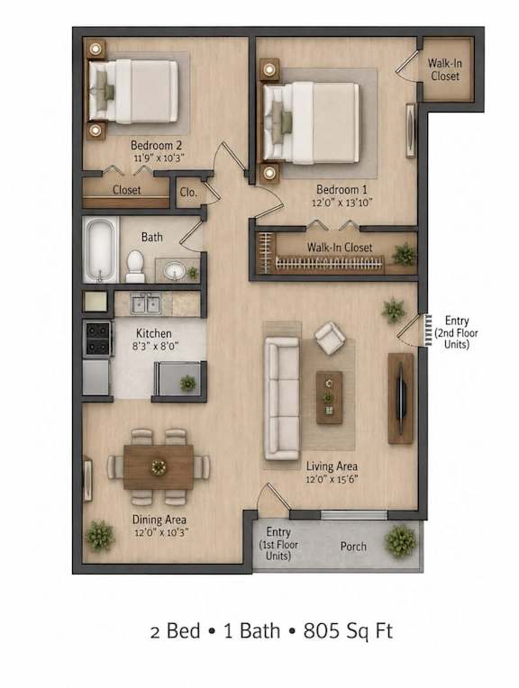 A floor plan of a 2 bedroom, 1 bathroom apartment is shown.