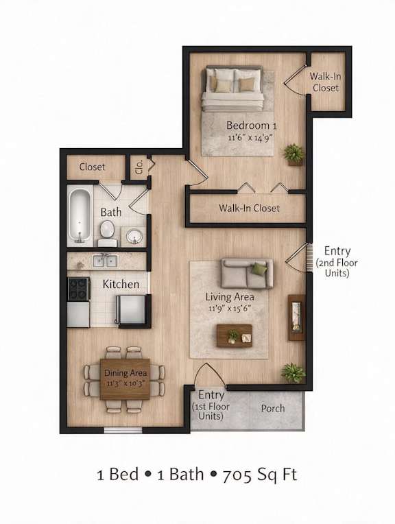 A floor plan of a one bedroom apartment with a bath and totaling 705 square feet.