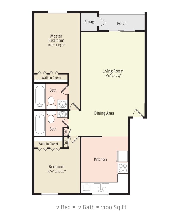 2 Bedroom 2 Bath 2D Floorplan,  Jacksonville Heights Apartments