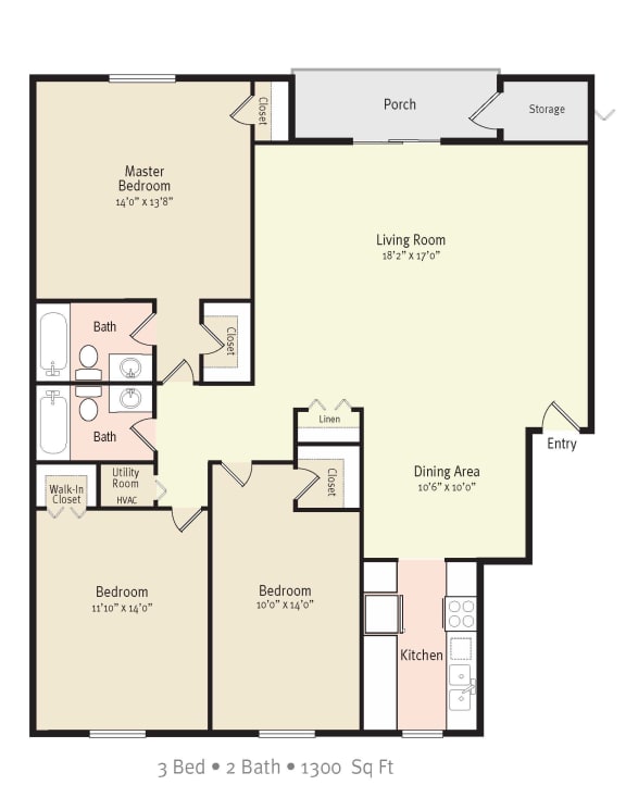 3 Bedroom 2 Bath 2D Floorplan,  Jacksonville Heights Apartments