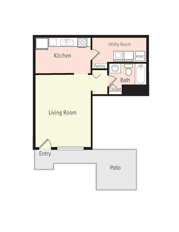 A floor plan of a house showing a kitchen, living room, and bathroom.