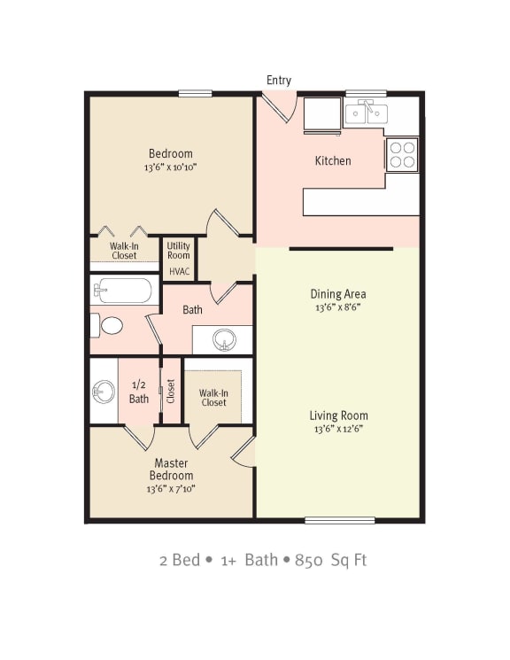 2D Floorplan of 2 Bedroom 1 Bath 850 sq ft