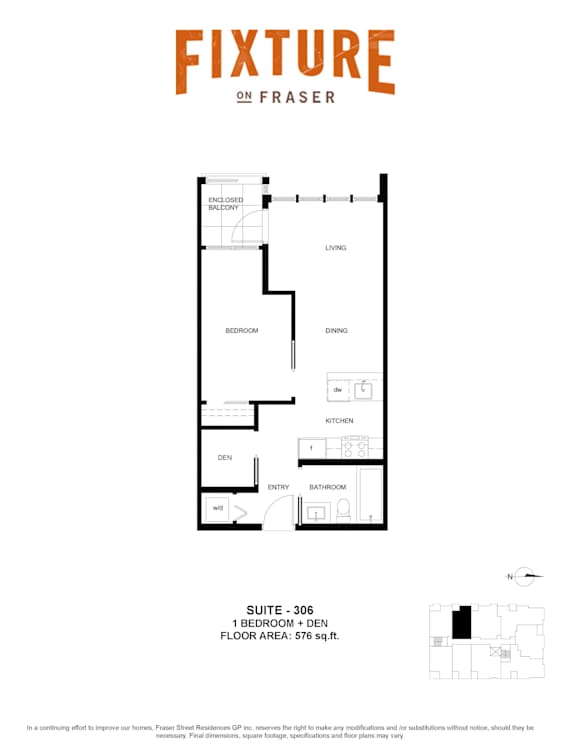 A floor plan for a suite with a bedroom, den, and bathroom.